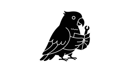 Whimsical black silhouette of a parrot reading a book with a feather quill pen