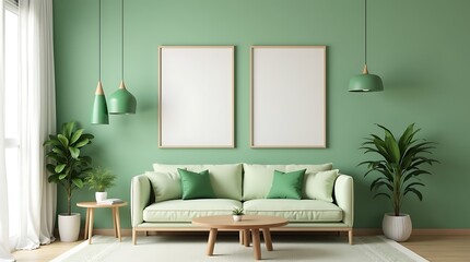 Serene mint green living room oasis featuring a comfortable sofa lush plants and minimalist decor