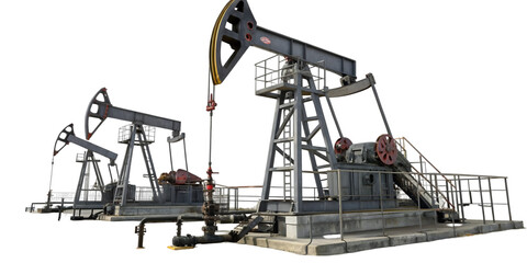 Three oil pump jacks Petroleum industry equipment Energy production 3D render Isolated on white background
