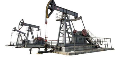 Three oil pump jacks Petroleum industry equipment Energy production 3D render Isolated on white background