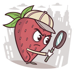 Fototapeta premium Cartoon strawberry detective with magnifying glass in city