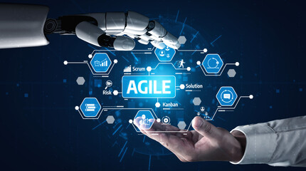 A humanoid robot and a human reach out, demonstrating the synergy between technology and Agile methodologies in modern business environments. Tessel