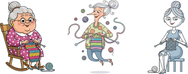 Cartoon illustration of three women knitting with yarn balls, funny grandmother character design, handmade craft concept, creative hobby, lifestyle art