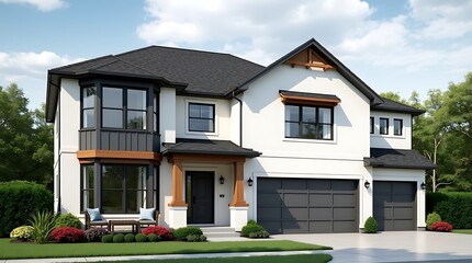 Stunning modern farmhouse style home with white stucco exterior and dark accents