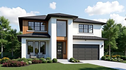 Modern two story luxury home with contemporary architecture and elegant exterior design featuring a garage