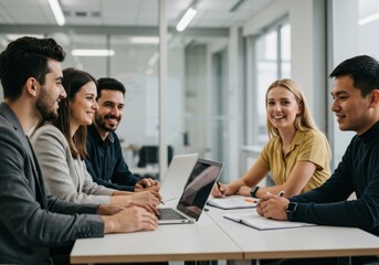 Diverse group of professionals collaborating around a table with a laptop in a modern office setting