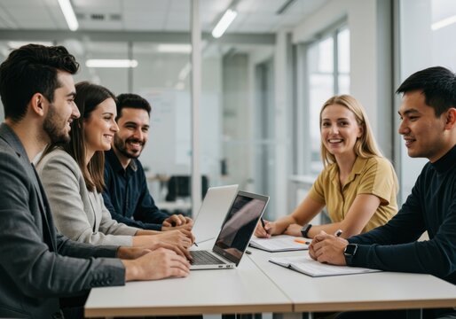 Diverse group of professionals collaborating around a table with a laptop in a modern office setting