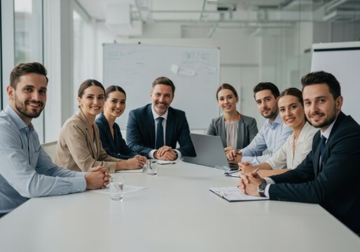 A diverse group of professionals engaged in a collaborative meeting around a conference table in a bright modern workspace