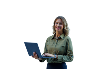 Young businesswoman smiling, holding laptop, typing on keyboard, working remotely, transparent background