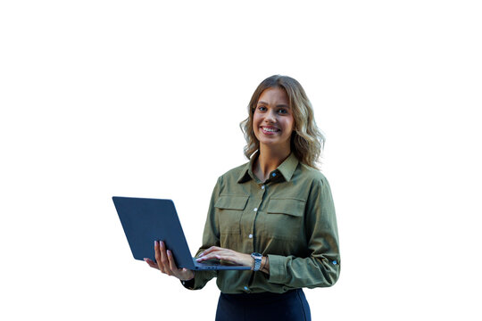 Young businesswoman smiling, holding laptop, typing on keyboard, working remotely, transparent background