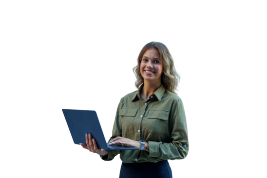 Young businesswoman smiling, holding laptop, typing on keyboard, working remotely, transparent background