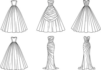 Elegant formal dress collection in black and white line art with ball gowns, sheath styles, and ruched bodice fashion illustration