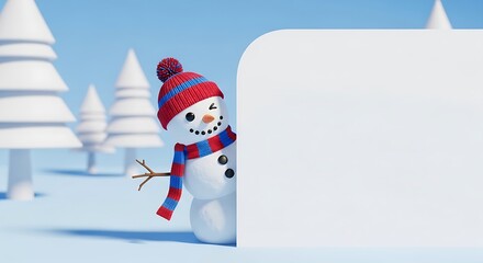 Cheerful snowman peeking out from a blank message board against snowy scenery