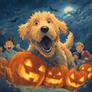 Excited dog and children running through glowing pumpkins.