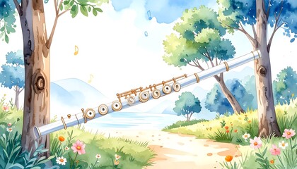 Watercolor flute in a scenic landscape