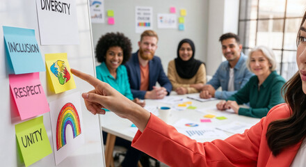 Businesswoman pointing at sticky note with drawing of colorful hands joined together on whiteboard, leading workshop on diversity, inclusion, and respect in the workplace, with multiethnic team behind