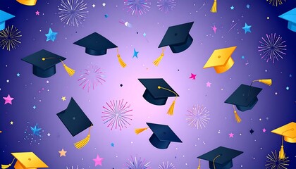 Graduation caps floating amidst fireworks and stars