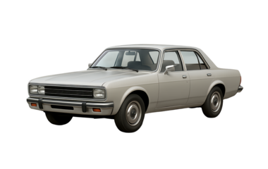 A vintage silver sedan car from the 1980s isolated on a transparent background