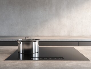 Stainless steel pot on a modern black induction cooktop in a minimalist kitchen with a concrete wall.