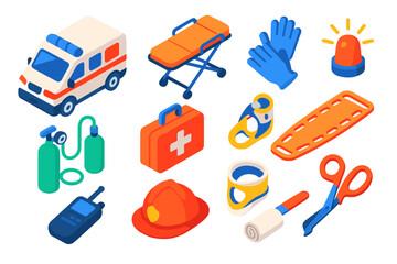 Naklejka premium Emergency Rescue Icons. Isometric vector illustration set Rescue operation: ambulance, stretcher, paramedic gloves, emergency