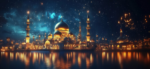 Majestic illuminated palace by the water under starry night sky, clean background photo