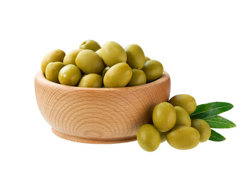 wooden bowl with pickled green olives isolated on a white background.