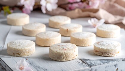Fototapeta premium Round, light-colored cookies on parchment paper, with cherry blossoms in the background