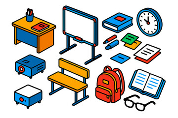 Educational Isometric Icons. Isometric vector illustration set Education lecture: teacher desk, whiteboard, marker, eraser,