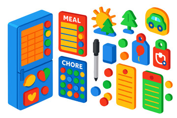 Family Organizer Icons. Isometric vector illustration set Family organizer: magnetic fridge planner, meal plan row, school run