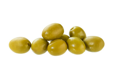 delicious marinated green olives isolated on white background.