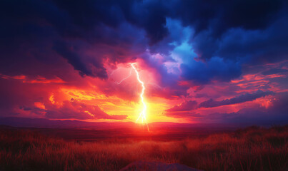 Obraz premium Dramatic sunset with lightning striking over a vibrant landscape, detailed image