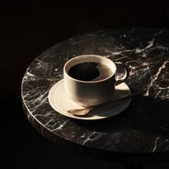 Steaming Coffee Cup on Marble Table, Dark Background.