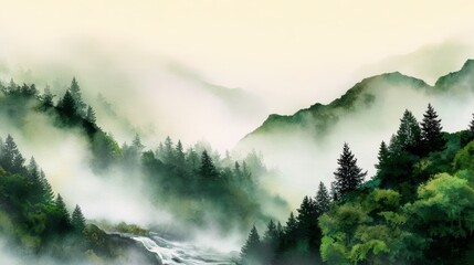 Fototapeta premium Serene misty landscape with a flowing river, lush green trees, and distant mountains under soft light
