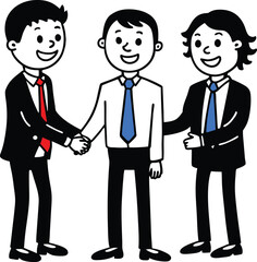 Fototapeta premium Three smiling cartoon businessmen in suits shaking hands and collaborating on a successful business project together