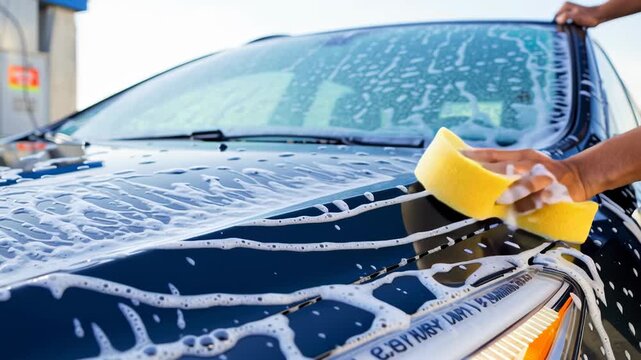 A person washes a black car using a sponge soaked in soap, creating bubbles while enjoying the sunny afternoon at a car wash