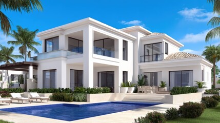 Fototapeta premium Modern luxury villa with pool surrounded by palm trees and clear blue sky, ideal for vacation or relaxation