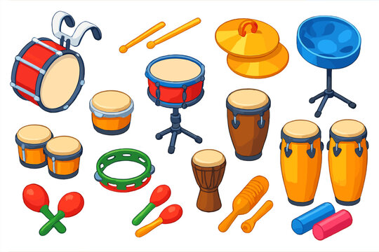 Festival Percussion Instruments. Isometric vector illustration set Festival Percussion: marching bass drum, snare sticks, crash