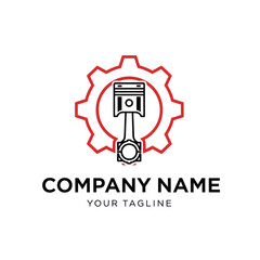 Automotive Engineering Logo with Red Gear and Black Piston, Ideal for Mechanic Shops, Car Services, and Industrial Businesses on White Background., Flat Vector Elements, Vector Illustration, Simple
