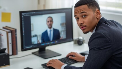 Fototapeta premium Person Attending Virtual Webinar on Computer for Online Learning and Training