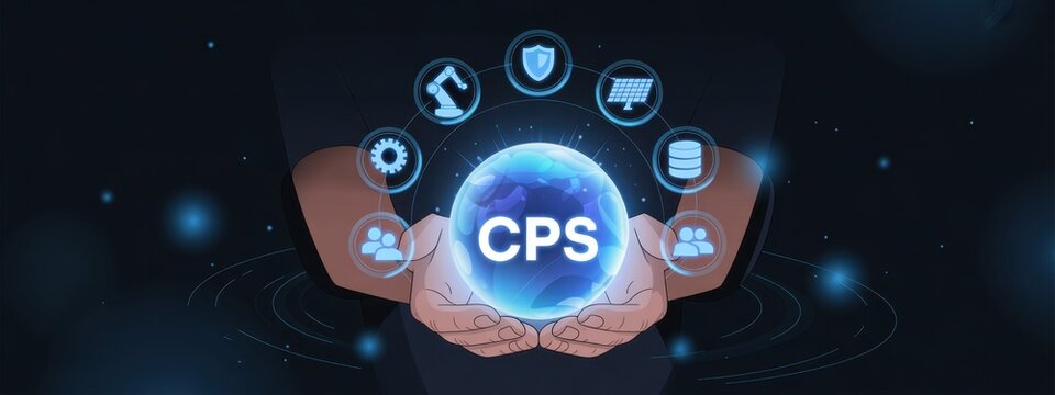 CPS World: A digital illustration showcasing a glowing globe encompassed by a ring of interconnected icons representing Cyber-Physical Systems, cradled in the hands.