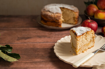 Slice of homemade apple cake with cinnamon, wooden background, lifestyle, copy space
