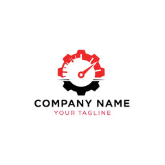 Modern Red and Black Gear Speedometer Logo Design with Company Name and Tagline, Ideal for Business, Tech, or Industrial Branding on a Clean White Background., Flat Vector Elements, Vector