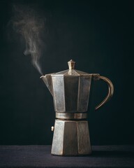 Steaming Coffee Maker on Dark Background, Still Life.