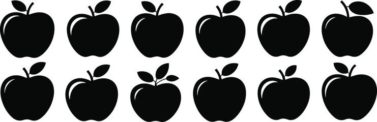 Black apple silhouettes, minimal fruit icons, visual odd-one-out puzzle, graphic pattern, leaf variation, educational design, vector illustration, isolated