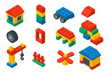 Naklejka premium Construction Toys Set. Isometric vector illustration set Construction Toys: lego-style house, tower build, toy car base, roof