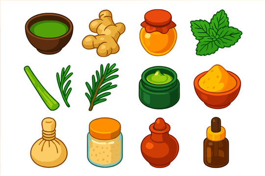 Herbal Spa Essentials. Isometric vector illustration set Herbal Spa Treatments: green tea bowl, ginger root, honey jar, mint