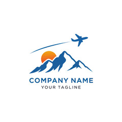 Mountain Range and Sunset with Airplane Flight Path Logo Design for Travel and Adventure Company Branding, Flat Vector Elements, Vector Illustration, Simple Vector, Stylized Vector Drawing, Vector