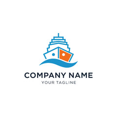 Fototapeta premium Modern Stylized Cruise Ship and Waves Logo for Company Branding with Blue and Accents on White Background, Flat Vector Elements, Vector Illustration, Simple Vector, Stylized Vector Drawing, Vector