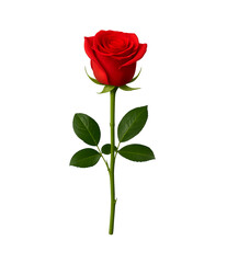 A single red rose with green leaves, isolated on transparent background