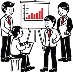 Business professionals gathered around a whiteboard presenting a bar graph showing upward financial growth and progress during a meeting